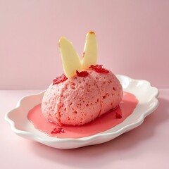 Pink Dessert Shaped Like Bunny on Plate with Sauce