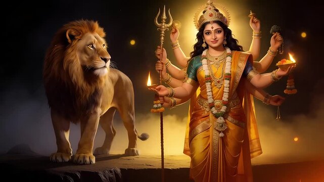 Divine Goddess Durga with Lion, Symbolizing Power and Protection in Hindu Mythology.