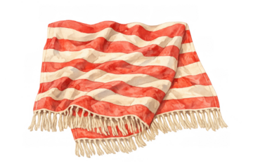Folded watercolor towel with red and white stripes and fringe, ideal for beach, picnic, or travel relaxation