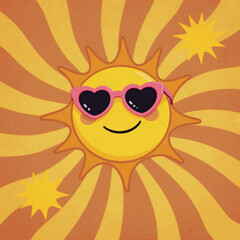 Fototapeta premium Groovy retro sunburst swirl background with grunge texture and Y2K details, featuring a wavy orange/yellow burst in abstract horizontal style