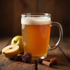 Refreshing Amber Apple Cider in Glass Mug with Spice on Wood