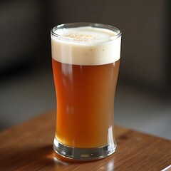 Refreshing Amber Drink with Creamy White Foam on Wooden Surface
