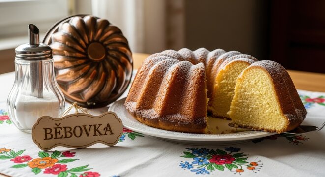 Traditional Czech B&aacute;bovka Bundt Cake with Linden Sign, Moravian Floral Linen, and Antique Mold