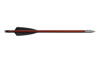 Red hunting arrow with black fletching, aiming at target, hitting mark, achieving goal, transparent background