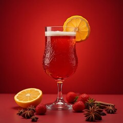 Refreshing Red Drink with Lemon and Spices on Red Background