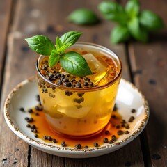 Refreshing Yellow Cocktail with Basil on Wood Surface