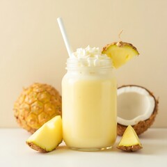Refreshing Yellow Pineapple Drink with Cream in Glass Jar