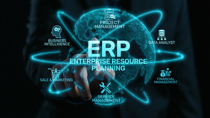 ERP platform visual showing centralized system for enterprise resource planning, improving integration, data flow, business efficiency, finance, inventory, and human resources. Elide
