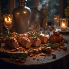 Roasted Chicken Pieces on Wooden Board with Herbs and Candles
