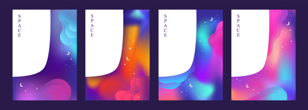 Vector set of abstract space banners. Purple background. Vertical templates. Vector illustration. Space for text.