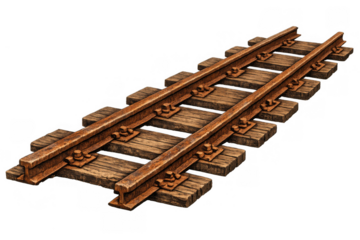 Rusty railroad tracks with wooden sleepers for train transport. Vintage railway path on transparent background