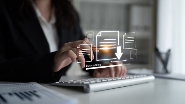 Visual representation of digital document downloading, showing file transfer, data access, and progress status for secure and efficient information retrieval Latch - Powered by Adobe