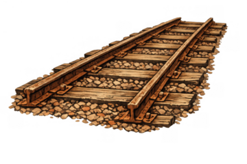 Railroad track with wooden ties and metal rails on gravel ballast, representing logistic transportation