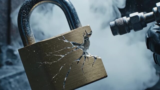 Close up of a cracked brass padlock with ice crystals forming and smoke billowing from its broken shackle in a dimly lit urban alleyway with a gloved hand holding a spray nozzle in the background