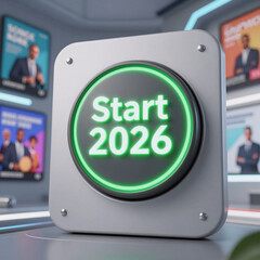 A 2026-themed, neon green button serves as a countdown to the new year inscription, signifying the start of 2026 for business ads in a captivating 3D image