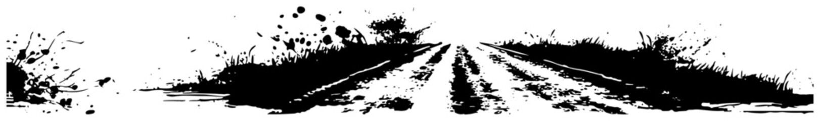 Rural dirt road perspective with grass in grunge ink style