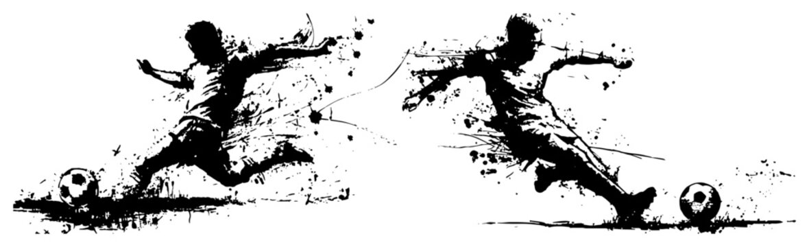 two dynamic soccer players silhouettes kicking ball with energetic grunge ink splatters