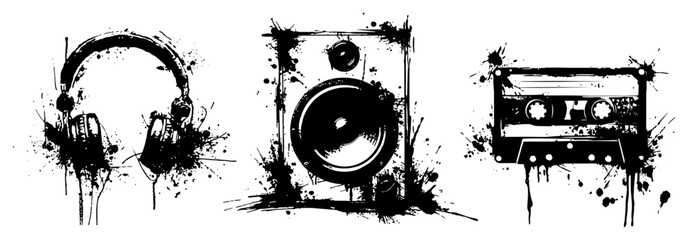 retro music audio set with headphones speaker and cassette tape in grunge style