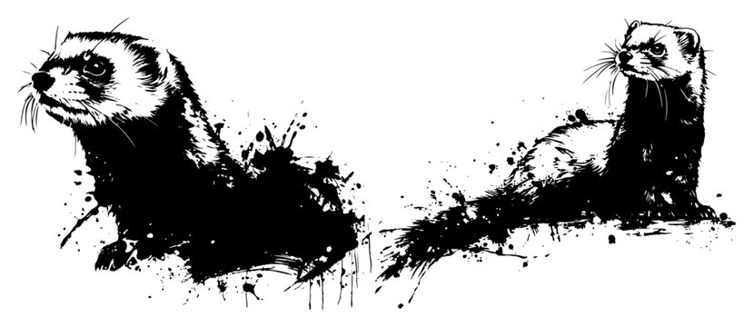 Two curious ferrets or weasels drawn with black grunge ink