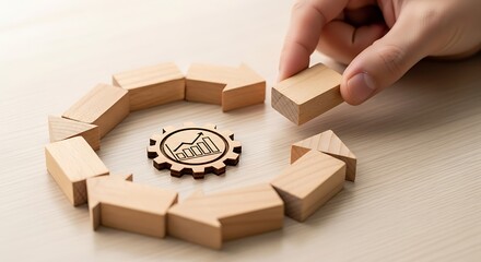 Hand completing a circular structure of wooden blocks around a gear with an upward trend graph, symbolizing business process optimization and growth strategy.