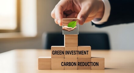 Hand placing green leaf block on stack symbolizing green investment and carbon reduction.