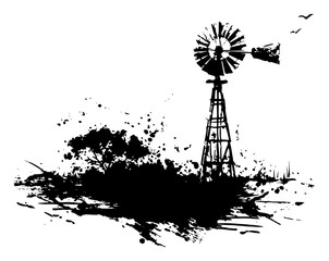 Rustic farm windmill tower in black and white grunge ink style © Wuszu