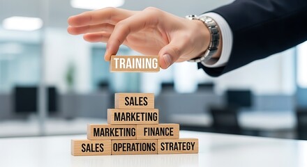 Businessman Stacking Wooden Blocks with Business Terms and Training on Top.