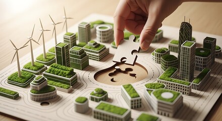 Hand placing a puzzle piece into a miniature green city model with wind turbines.