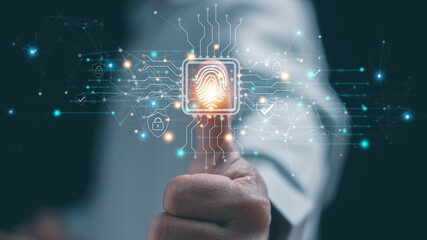 Biometric cybersecurity concept. Thumb up with fingerprint authentication and digital network connections and security icons, data protection, access control, encryption, digital identity system.