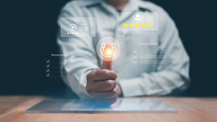 Customer satisfaction concept. Businessman showing thumbs up with smile icon, five star rating and feedback interface. Perfect for marketing, customer service, CRM, online review and business success.