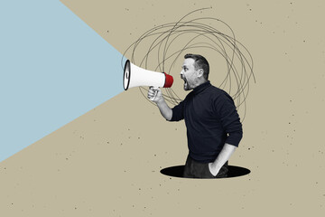  Flat design. An attractive man using a megaphone isolated on a free background.