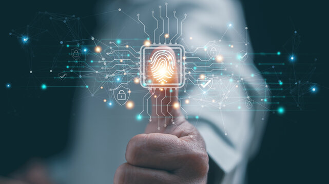 Biometric cybersecurity concept. Thumb up with fingerprint authentication and digital network connections and security icons, data protection, access control, encryption, digital identity system. - Powered by Adobe