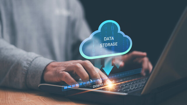Cloud data storage concept. Secure digital download with laptop and virtual cloud interface. Modern technology for backup, online database, cybersecurity, file transfer and business IT infrastructure. - Powered by Adobe