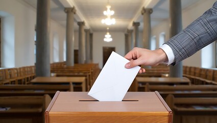 Hand putting white paper into wooden ballot box in empty church with rows of benches and columns  voting process