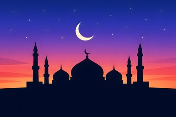 Mosque silhouette against colorful dusk sky