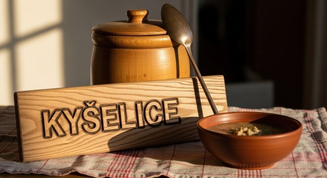Traditional Moravian Wallachian Kyselice Soup with Ash Wood Sign and Antique Sourdough Crock