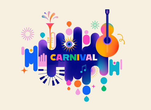 Colorful carnival and music festival poster and banner with abstract musical instruments