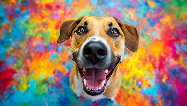 Happy brown dog with white muzzle and floppy ears looking up with mouth open on colorful background