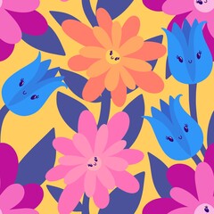Cartoon floral seamless flowers pattern for wrapping paper and fabrics and kids clothes and spring party textiles and linens
