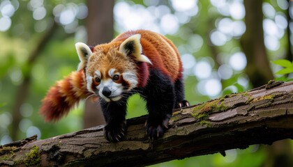 Obraz premium A beautiful red panda with reddish-brown fur and a bushy tail walks carefully on a mossy tree branch in a lush green forest.