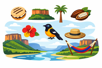 Eight Venezuelan cultural symbols floating over tepui and river landscape, flat design cartoon vector