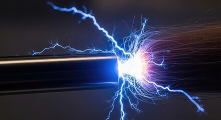 Vibrant blue electrostatic discharge generates intense plasma energy erupting from a conductor, radiating bright electrical sparks and dynamic current within a dark experiment.