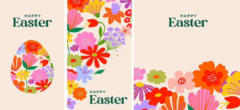 Cute Easter vertical banners with rabbits and colorful spring flowers. Playful folk art style with floral elements.