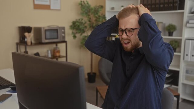Young man with hands on head at office desk, wearing glasses while staring at a computer screen; work stress.