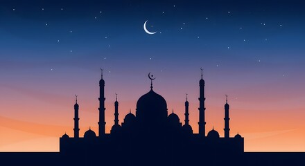 Mosque silhouette under a starry dusk sky