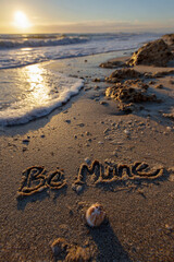 Be Mine Elegant Script Written in Wet Beach Sand with Tiny Conch Shell and Warm Sunset Waves, Romantic Vertical Shoreline Scene with Copy Space &ndash; ideal for posters
