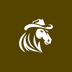 Stylish cowboy horse head logo featuring western hat, elegant flat vector emblem