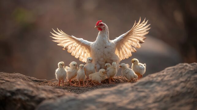 Mother hen spreads her wings protectively around her adorable chicks in a warm golden light, showcasing family bonding in nature's embrace.