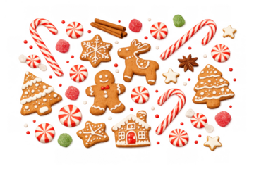 Christmas gingerbread cookies and festive candies creating a sweet holiday pattern with transparent background