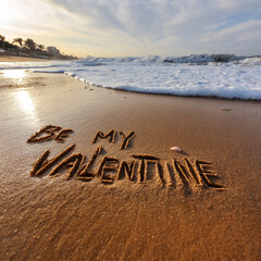 Be My Valentine Handwritten in Glossy Wet Sand with Pink Seashell, Warm Sunset Horizon and Minimal Beach Copy Space &ndash; ideal for social media posts